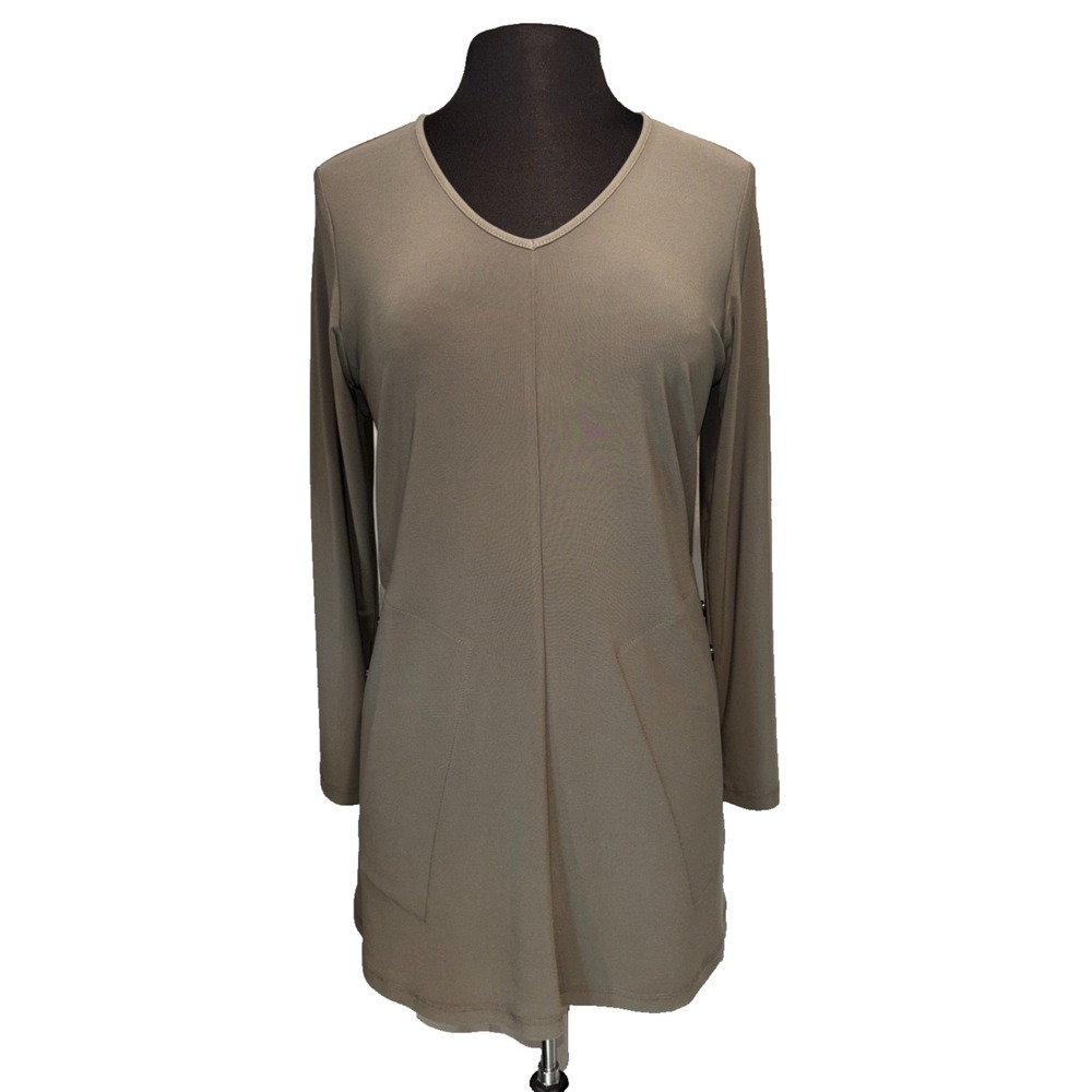 Sun Kim Womens Vicki Tunic Top S Olive Taupe V Neck Button Pockets A-Line NWT